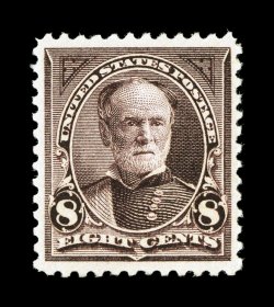 257, 8c Violet brown, a highly select mint single that is impeccably well centered within large margins, rich luxuriant color and a crisp detailed impression, o.g., n.h.,
extremely fine 1998 PF certificate.