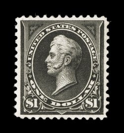 261, $1.00 Black, Ty. I, gorgeous mint single in superior quality, featuring uncommonly large even margins all around, marvelously well centered within these generous borders,
intense color and strong impression, o.g., lightly hinged, extremely