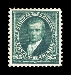 263, $5.00 Dark green, a select quality example of this rare high value, featuring extraordinarily large margins that are rarely encountered on this stamp and being especially
well centered within them, intensely rich color and a deeply etched i