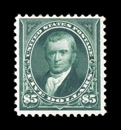 263, $5.00 Dark green, an especially fresh and crisp mint single, sumptuously rich color and a sharp detailed impression, much better centering than normally found on this
scarce high value, o.g., lightly hinged, very fine 2005 PF certificate.