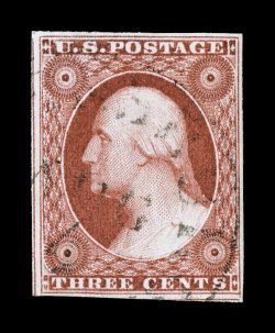 10, 3c Orange brown, an especially attractive used single, featuring gorgeous rich color in an unmistakable orange brown shade, sharp detailed impression on fresh white paper,
large margins all around showing portions of the frame lines of the a