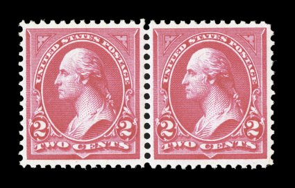 266-267, 2c Carmine, Ty. II-III se-tenant combination pair, the left stamp being type II and the right stamp type III, remarkably well centered, lovely bright color on fresh
paper, unblemished o.g., never hinged, extremely fine the Two Cent Bur