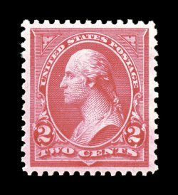 267, 2c Carmine, Ty. III, beautifully centered within uncharacteristically wide margins, bright rich color and a strong impression, o.g., n.h., extremely fine an especially
desirable example 2007 PSE certificate (XF-Superb 95 SMQ $305.00).