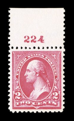 267, 2c Carmine, Ty. III, top margin plate no. 224 single, exceedingly bright and fresh, unusually well centered, pristine o.g., n.h., extremely fine 2007 PSE certificate
(XF-Superb 95 SMQ $305.00).