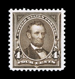 269, 4c Dark brown, exceedingly well centered within lavishly large margins which are quite uncharacteristic of this stamp, sumptuously rich color on fresh white paper, o.g.,
n.h., extremely fine 1999 PF certificate.