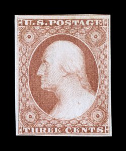 11, 3c Dull red, remarkably bright and fresh, with gorgeous rich color and an especially clean impression on crisp white paper, four large margins, o.g., lightly hinged,
extremely fine 2002 PF certificate.