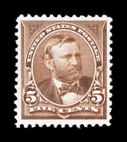 270, 5c Chocolate, an exceptionally choice mint single, especially well centered within large margins, brilliantly rich color and a crisp detailed impression, o.g., n.h.,
extremely fine 2000 PF certificate.