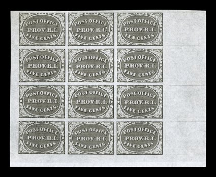 10X1R, 10X2R, Providence, R.I., 5c and 10c Gray black Postmaster Provisional, reprint sheet of nine, with letters on the back, wonderfully fresh, extremely
fine.