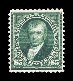 278, $5.00 Dark green, a highly desirable mint example of this scarce high value, extraordinarily well centered, sumptuously rich color and a well defined impression, o.g.,
lightly hinged, extremely fine an especially handsome stamp 2001 PF ce