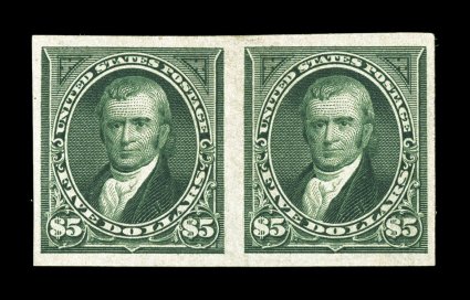 278a, $5.00 Dark green imperforate, handsome horizontal pair of this imperforate rarity, large margins all around, deep luxuriant color, o.g., relatively lightly hinged,
extremely fine only 50 pairs can possibly exist, many of which are found w