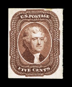 12, 5c Red brown, unused, full to large margins all around, strong rich color and a highly detailed impression, horizontal crease that ends in a small tear at right, light stain
in the top margin, very fine appearance a highly collectable examp
