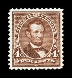 280, 4c Rose brown, exceedingly well centered within very large margins, strong rich color, o.g. n.h., extremely fine and choice 2000 and 2007 PF certificates (latter grading XF
90 SMQ $340.00).