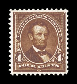 280b, 4c Orange brown, exceptionally well centered, deeply rich color and a highly detailed impression, pristine o.g., n.h., extremely fine 2004 PSE certificate (XF 90 SMQ
$340.00).