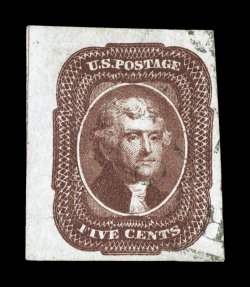 12, 5c Red brown, a striking top left corner margin single, being position 1 in the sheet, with a partial guide line showing at left, large to enormous margins all around,
beautiful rich color and a deeply etched impression on clean white paper,