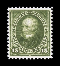 284, 15c Olive green, a beautiful mint single, featuring spectacular prooflike color and impression on fresh paper, extraordinarily well centered, immaculate o.g., n.h.,
extremely fine actually a very scarce stamp in this premium never hinged q