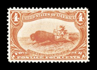 287, 4c Trans-Mississippi, an eye-catching mint single, featuring glorious bright color and a vivid impression, plus it is exceedingly well centered within large margins, o.g.,
n.h., extremely fine 1993 PF certificate and a 2006 PSE certificate