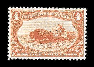 287, 4c Trans-Mississippi, an extraordinarily fresh and choice mint single, possessing considerably deeper color than usual, uncharacteristically well centered as well, with
large margins, immaculate o.g., n.h., extremely fine 1996 PF certifica