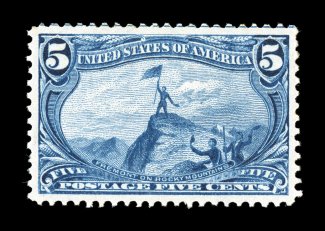 288, 5c Trans-Mississippi, choice centering within large margins, wonderfully fresh color on crisp white paper, o.g., l.h., extremely fine 2004 PSE certificate (XF-Superb 95 SMQ
$560.00).