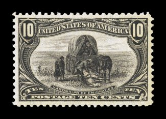 290, 10c Trans-Mississippi, true gem example, boasting mathematically precise centering within considerably larger margins than typically encountered, also contributing to this
stamps exceptional overall eye appeal is its incredibly intense col