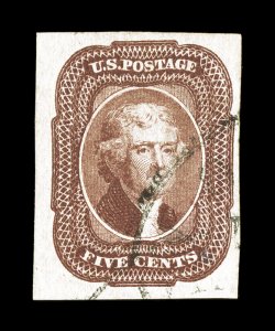 12, 5c Red brown, a superb used example which features numerous outstanding physical attributes, the most impressive being this stamps huge margins all around, including sheet
margins at left and bottom, in addition its color is extraordinarily