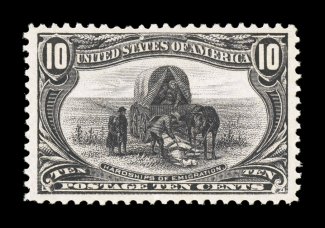 290, 10c Trans-Mississippi, exceptionally well centered within especially wide margins, rich luxuriant color and a deeply etched impression, pristine o.g., n.h., extremely fine
2000 PF certificate.