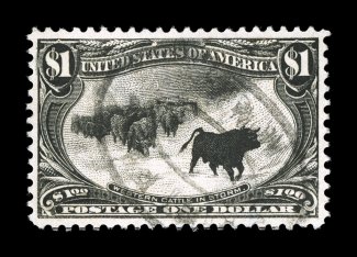 292, $1.00 Trans-Mississippi, a lovely fresh used single, with deep color and a sharp detailed impression on pristine white paper, uncommonly well centered and margined, very
light oval cancel, extremely fine and handsome 2006 PF certificate (X