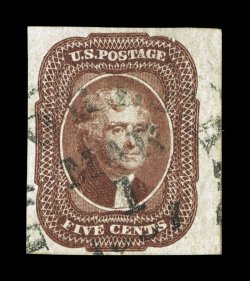 12, 5c Red brown, a most impressive used single, featuring large margins all around, including a huge right sheet margin with a portion of the guide line showing, lovely rich
color and a crisp detailed impression, light New Orleans c.d.s., extre