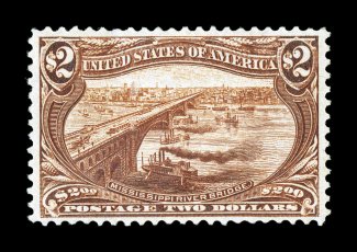 293, $2.00 Trans-Mississippi, exceedingly well centered within very wide margins which are rarely associated within this difficult commemorative stamp, lovely rich color and a
clean impression, o.g., lightly hinged, choice very fine a most attr
