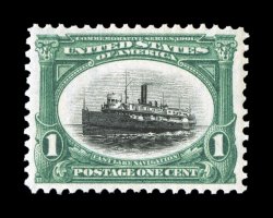 294, 1c Pan-American, exceptionally large and well balanced margins all around, bright rich colors and strong impressions, o.g., n.h., extremely fine 2007 PSE certificate
(XF-Superb 95 SMQ $435.00).