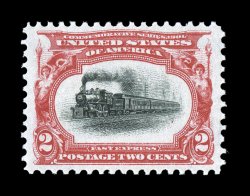 295, 2c Pan-American, particularly well centered within wide margins, fresh colors and crisp impressions, o.g., n.h., extremely fine 2007 PSE certificate (XF-Superb 95 SMQ
$400.00).