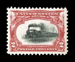 295, 2c Pan-American, excellent centering amid uncharacteristically large margins, deep intense colors and impressions, unblemished o.g., n.h., extremely fine 2002 PSE
certificate (XF-Superb 95 SMQ $400.00).