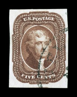 12, 5c Red brown, an impressive used example, with four large to very large margins, beautiful rich color and a deeply etched impression on pristine white paper, light town
c.d.s., extremely fine a particularly choice used 1981 and 2007 PF cer