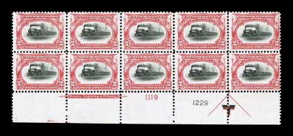 295, 2c Pan-American, handsome full bottom imprint, arrow and plate nos. 1119, 1229 block of ten, quite well centered, bright colors, fresh clean o.g., n.h., choice very
fine.