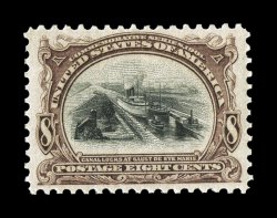 298, 8c Pan-American, exceptionally well centered within wide margins, strong rich colors and excellent impressions, o.g., n.h., extremely fine encapsulated PSE certificate (XF
90 SMQ $670.00).