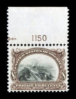 298, 8c Pan-American, top margin plate no. 1150 single, exceedingly well centered, strong rich colors, o.g., n.h., extremely fine photocopy of a 1999 PF certificate for a pair,
this being the right stamp.