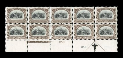 298, 8c Pan-American, a most impressive quality full bottom left margin arrow, imprint and plate nos. 1143, 1150 block of ten, featuring incredibly deep and luxuriant colors,
plus the overall centering outstanding, with each stamp remarkably wel