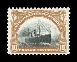 299, 10c Pan-American, precisely centered within large margins, strong rich colors, plus this stamp displays a strong downward shift of the central vignette, creating a striking
sinking ship variety, o.g., lightly hinged, extremely fine photo