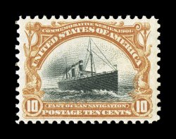 299, 10c Pan-American, excellent centering within wide margins, rich fresh colors, o.g., n.h., extremely fine photocopy of a 1999 PF certificate for a block of four, this being
the bottom right stamp, and a 2007 PF certificate for the single (X