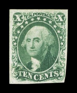 13, 10c Green, Ty. I, an exceedingly rare unused example, with large margins nearly all around, bright color and an excellent clarity of impression, completely free of the faults
that plague most of the unused or mint copies of this stamp, very