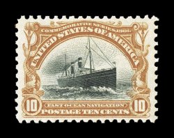 299, 10c Pan-American, uncommonly well centered and margined, strong rich colors, o.g., n.h., extremely fine 1993 PF certificate and a 2006 PSE certificate (VF-XF 85 SMQ
$530.00).