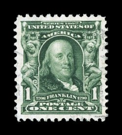300, 1c Blue green, an exciting used single of this common stamp, in anything but common quality, boasting flawless centering amid lavishly large margins, rich luxuriant color
and a deeply etched impression, incredibly light and completely fac
