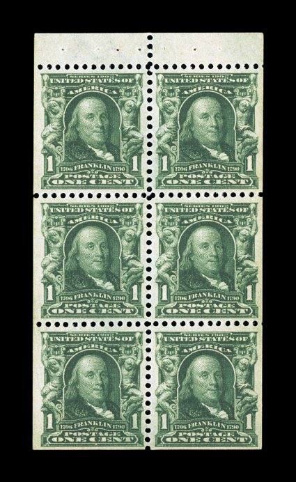 300b, 1c Blue green booklet pane of six, exceptionally well centered, deep rich color and an unusually strong impression, o.g., n.h., extremely fine a select example of this
scarce booklet pane 1989 PF certificate.