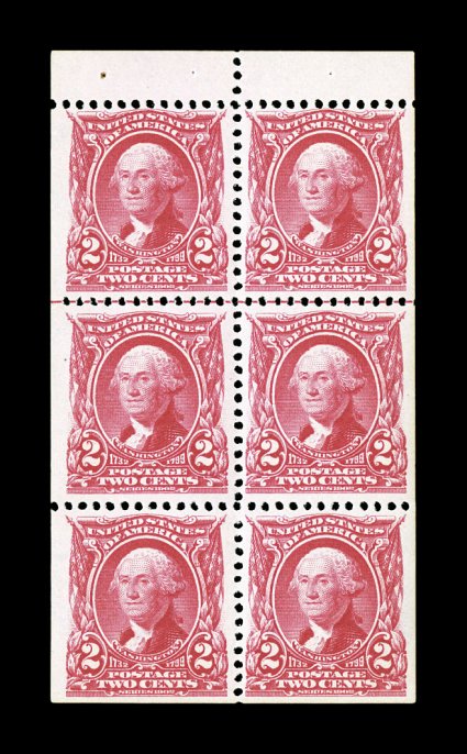 301c, 2c Carmine booklet pane of six, position E, with guide line between first and second rows, incredibly bright and fresh, extraordinarily well centered and margined,
pristine o.g., n.h., an extremely fine gem 2000 PF certificate.