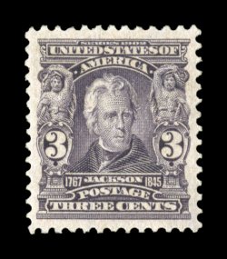 302, 3c Bright violet, remarkably well centered within extravagantly large margins, rich color and a crisp impression, o.g., lightly hinged, extremely fine and choice 2006 PSE
certificate (XF-Superb 95 SMQ $195.00).