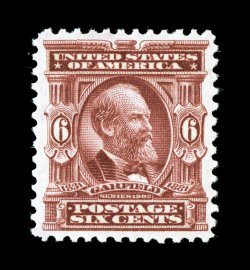 305, 6c Claret, an especially attractive mint single, incredibly fresh, with sumptuously rich color and a razor-sharp impression on remarkably bright paper, exceptionally well
centered within large margins, unblemished o.g., n.h., extremely fine