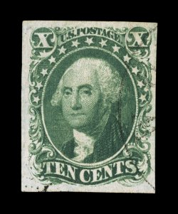 13, 10c Green, Ty. I, handsome used example, four large margins, beautiful rich color and a deeply etched impression, very light and face-free town c.d.s., extremely fine an
uncommonly choice and eye-appealing copy of this scarce stamp 2004 PF