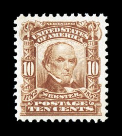 307, 10c Pale red brown, exceedingly well centered within rather large margins, strong rich color, o.g., certificate states never hinged, with a slight gum disturbance,
extremely fine 2007 PSE certificate (VF-XF 85 SMQ $310.00).