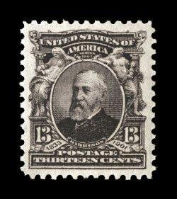 308, 13c Purple black, a remarkably choice mint example that is extraordinarily well centered within lavishly large margins, deep intense color and a razor-sharp impression on
bright paper, flawless o.g., n.h., an extremely fine large-margined g