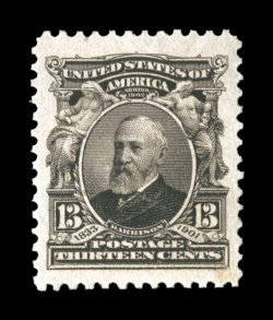 308, 13c Purple black, a spectacular mint single, featuring the largest margins possible for this stamp, and being incredibly well centered within these fantastic borders, deep
prooflike color and impression also contribute to this stamps remar