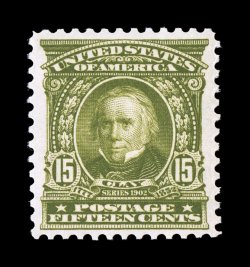 309, 15c Olive green, sumptuously rich color and a well incised impression, uncommonly well centered within particularly wide margins, unblemished o.g., n.h., extremely fine
1996 PF certificate.